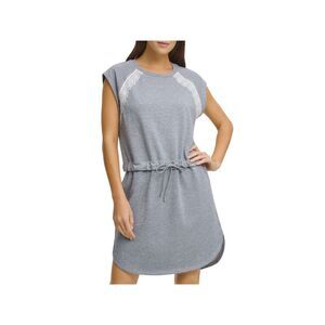 DKNY Womens Lace Drawstring-waist Cap Sleeve Crew Neck Short Shift Dress